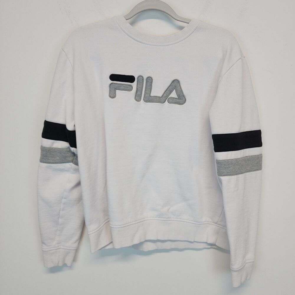 FILA Womens Logo Sweatshirt Sz XL White Black Stripe Sleeve Pullover Retro